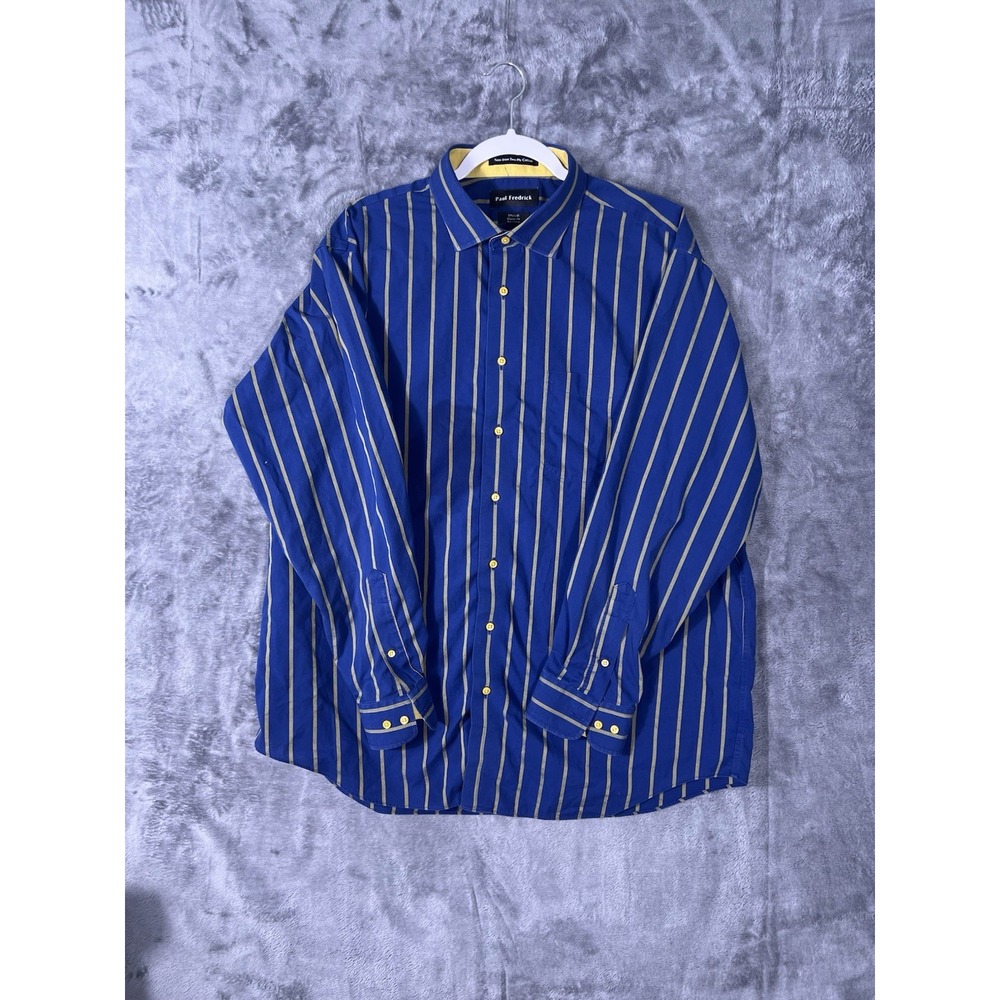 Paul Fredrick Mens Dress Shirt 17.5 x 35 Blue Yellow Striped Non-Iron Cotton L